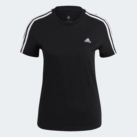 adidas LOUNGEWEAR Essentials Slim 3-Stripes Tee - Black | adidas US Camisa Adidas, Black Tees, Adidas Sportswear, Womens Loungewear, Adidas Online, Striped Tee, Black Adidas, Striped Shirt, Adidas Women