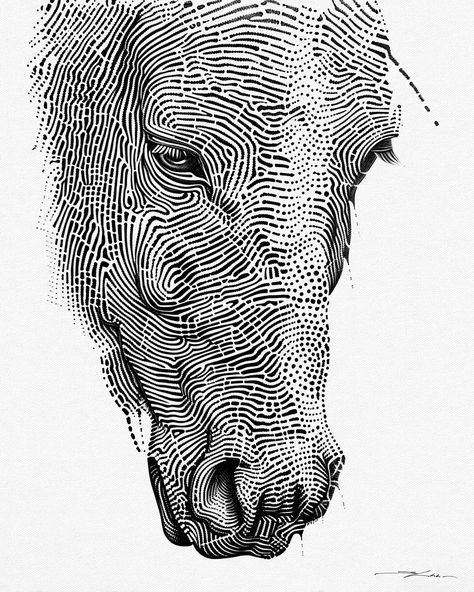 Equus Labyrinthus it’s all about exploring form and pattern through this intricate depiction of a horse’s head. I used these meandering black lines on a white background to create a sort of labyrinth that defines the horse but also abstracts it. The complexity of the lines is meant to reflect the interconnected patterns that make up our identities, both the parts we show and the parts we keep hidden. I put a lot of care into the technical side of things. The lines vary in density and direct... Horse Motif, Horse Pattern, Art Nouveau Design, Equine Art, White Horse, Arte Animal, Horse Head, Labyrinth, Horse Painting