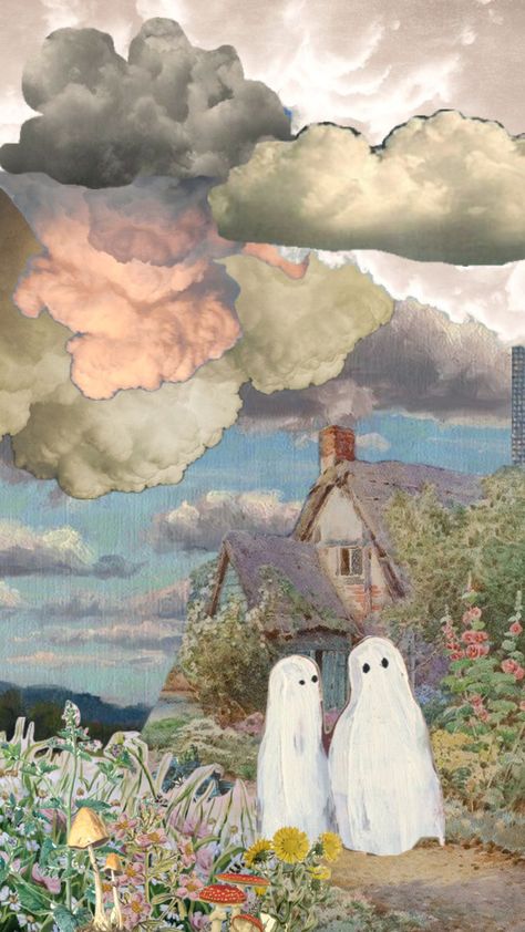 ghostie friends in a garden #flowers #vintage #ghosts #ghost #house Vintage Ghost Background, Happy Ghost Wallpaper, Ghost House Painting, Spooky Year Round Decor, Ghost With Flowers Wallpaper, Spring Ghost Wallpaper, Ghost In Painting, Ghosts In Paintings, Ghost Phone Background