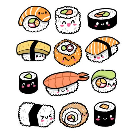 Cute Sushi Drawing, Cute Kawaii Drawings Doodles, Sushi Drawing, Japanese Food Illustration, Food Illustration Design, Planner Doodles, Mini Doodle, Cute Easy Doodles, Drawings Of Friends