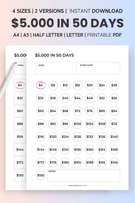 5000 In 50 Days, 5000 Savings Plan, 50 Envelope Challenge, Budget Challenge, Saving Money Chart, Money Saving Methods, Money Saving Techniques, Money Saving Plan, Money Saving Strategies