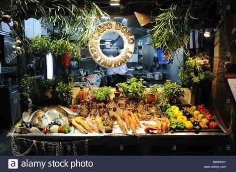 Seafood Display Of Cavo Doro Restaurant In Rethymno, Crete Stock Photo, Royalty Free Image: 33096755 - Alamy Seafood Display, Fish Display, Crete Travel, Restaurant Fish, Rethymno Crete, Seafood Shop, Raw Bars, Download Image, Buffet Food