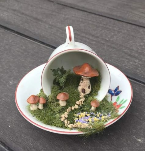 Cottage Core Diy, Cottage Core Crafts, Fairy Teacup Garden, Fairy Teacup, Cup And Saucer Crafts, Tea Cup Art, Teacup Gardens, Teacup Crafts, Mushroom Crafts