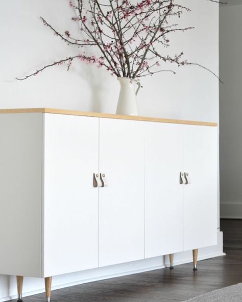 🔓 IKEA Hacks Do It Yourself on Instagram: “Super easy modern buffet☀️ Assembled from IKEA kitchen cabinets, natrual wood and tapered legs, plus some leather and brass handles.”