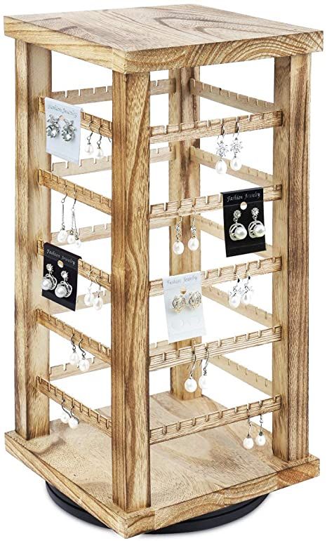 Ikee Design Natural Wood Rotating Jewelry Earring Storage Display, Wooden Hanging Accessories Tower, Holds up to 100 pairs of earrings, Small Oak Color, 7 3/8"W X 7 3/8"D X 15"H Natural Jewelry Display, Rotating Jewelry Display, Earring Rack, Wooden Jewelry Stand, House Closet, Walnut Wood Color, Display Tower, Keychain Display, Earring Display Stands