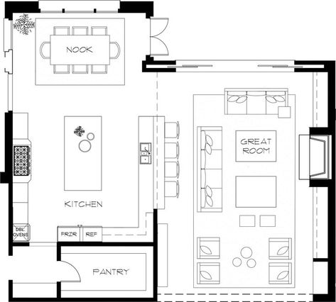 Large Living Room Layout, Kitchen Floor Plan, Living Room Floor Plans, Living Room Plan, Living Room Layout, Living Room Furniture Layout, Casa Country, Open Plan Living Room, Floor Plan Layout