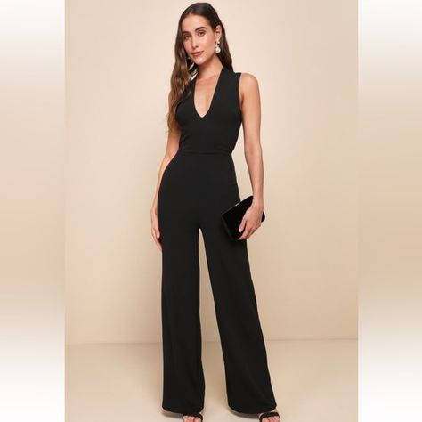 Lulu’s Thinking Out Loud Black Backless Jumpsuit NWT Lulus Jumpsuit, Black Backless Jumpsuits, Lulu Pants, Thinking Out Loud, Backless Jumpsuit, Adhesive Bra, Printed Rompers, Long Sleeve Romper, Wide Leg Jumpsuit