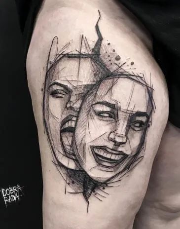 Woman Mask Tattoo Design, Wearing A Mask Tattoo, Different Faces Tattoo, Two Face Woman Tattoo, Two Face Tattoo Mask Women, Double Faced Tattoo, Masked Face Tattoo, Gemini Two Face Tattoo For Men, Faces Tattoos For Women