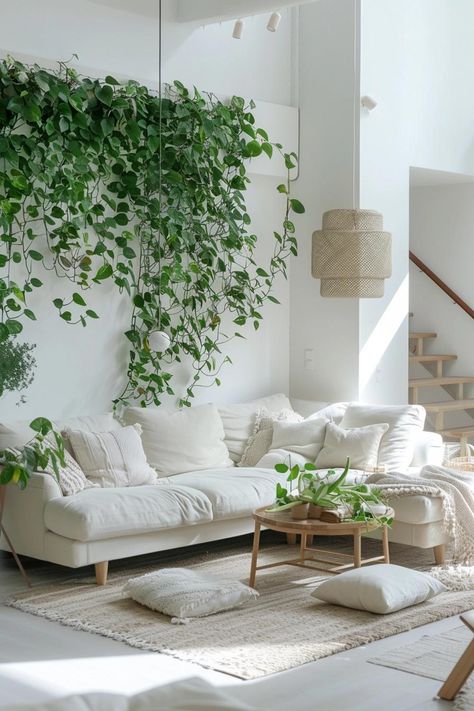 How to Create a Living Plant Wall Inside Your Home Wall Plants Living Room, Hanging Plant Living Room, Indoor Greenery Wall, White Living Room With Plants, Plants On Wall Indoor, Living Plant Wall Indoors, Wall Shelves Plants, White Room With Plants, Plant Wall Living Room