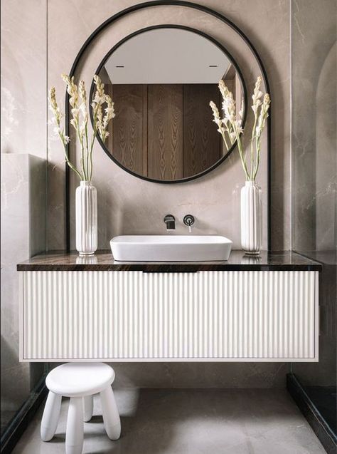 The matte white fluted vertical grain design allows for creativity in how it's employed in your bathroom, which gives an elegant and luxurious feel. Avery bathroom wall-hung vanity is fitted with one large full extension drawer giving you full access to day-to-day consumables. Fluted Wall, Wall Hung Bathroom Vanities, Grain Design, European Architecture, Wall Hung Vanity, Bathroom Renovations, Bathroom Wall, White Walls, Round Mirror Bathroom