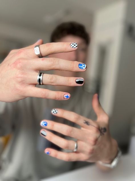 Men’s Fingernail Design, Man Gel Nails, Nail Art For Men Black And White, Cool Nail Art For Men, Cool Nail Designs For Men, Gel Nails For Men, Black And White Nails Men, Black Nail Designs Men, Blue Nails Men