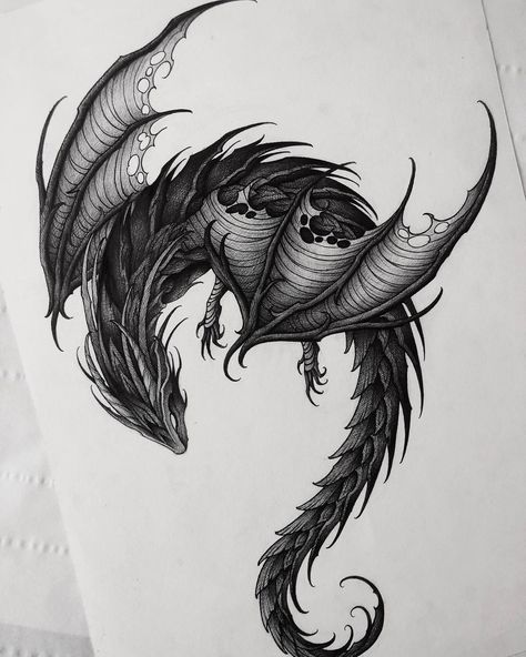 Black Dragon Tattoo Design, Goth Dragon Tattoo, Dragon Tattoo For Men Arm, Dragon And Skull Tattoo, Tattoo Dark Work, Fairy Dragon Tattoo, Gothic Dragon Tattoo, Dark Dragon Tattoo, Black And Grey Dragon Tattoo