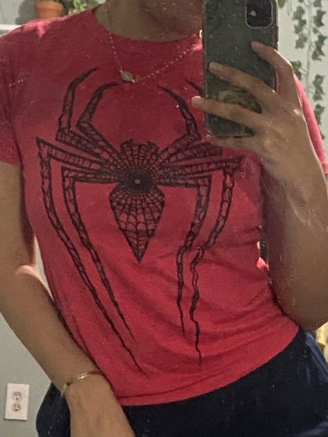 Target Spiderman Shirt, Spider Man Tshirts, Spider Man Bleach Shirt, Spider Man Streetwear, Spider Man Inspired Fits, Spider Man Graphic Tee, Spider Man Shirt Aesthetic, Spiderman Bleached Shirt, Spiderman Diy Shirt