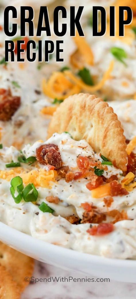 Crack dip is an addictively delicious cheesy dip! Made with bacon, cheese, and ranch it is the perfect combination of flavors and a party favorite. #spendwithpennies #crackdip #appetizer #dip #partyappetizer #foracrowd #colddip Easy Chip Dip, Cheesy Appetizers, Chip Dip Recipes, Nacho Dip, Dip Easy, Cheesy Dip, Spend With Pennies, Low Carb Snack, Diner Recept