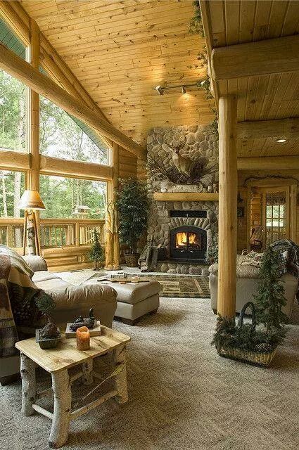 Stunning livingroom Log Cabin Homes, Log Home Decorating, Log Home Interior, Log Home Designs, Small Log Cabin, Log Home, Home Building Design, Rustic Living, Dream House Interior