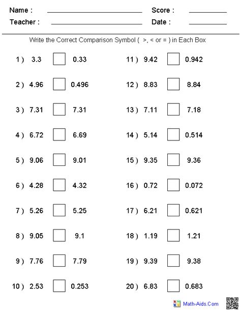 Greater Than Less Than Worksheets, Fractions To Decimals Worksheet, Grade 5 Math Worksheets, Seventh Grade Math, Comparing Decimals, 6th Grade Worksheets, Integers Worksheet, 5th Grade Worksheets, Math Decimals