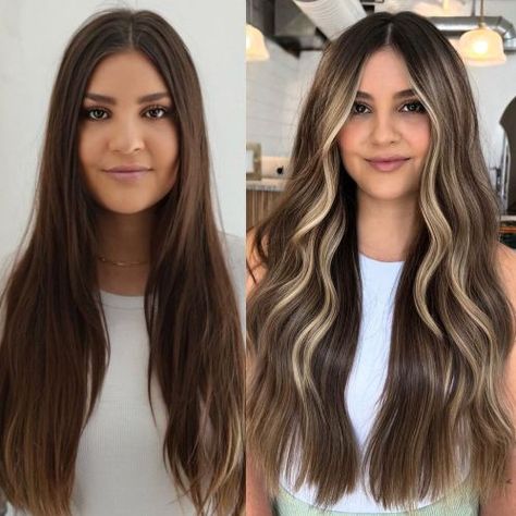 Blonde Face-Framing Highlights for Long Brown Hair Highlights For Long Brown Hair, Hair Color Ideas 2023 Trends, Hair Color Combos, Hair Color Ideas 2023, New Hair Color Ideas, Brown Hair Inspiration, Blonde Highlights On Dark Hair, Brown Hair Inspo, Bronde Hair