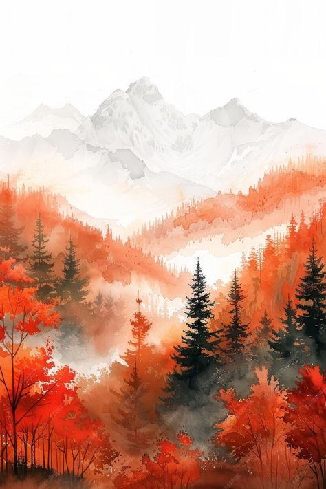 Watercolour Autumn Landscape, Woodland Clipart, Watercolor Art Landscape, Large Canvas Painting, Hd Nature Wallpapers, Watercolor Sunset, Watercolor Mountains, Fall Watercolor, 수채화 그림