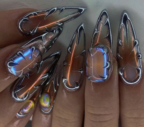 Ongles Goth, Unusual Nail Designs, Gel Chrome Nails, Natural Gel Nails, Retro Nails, Punk Nails, Hippie Nails, Diy Essentials, Goth Nails