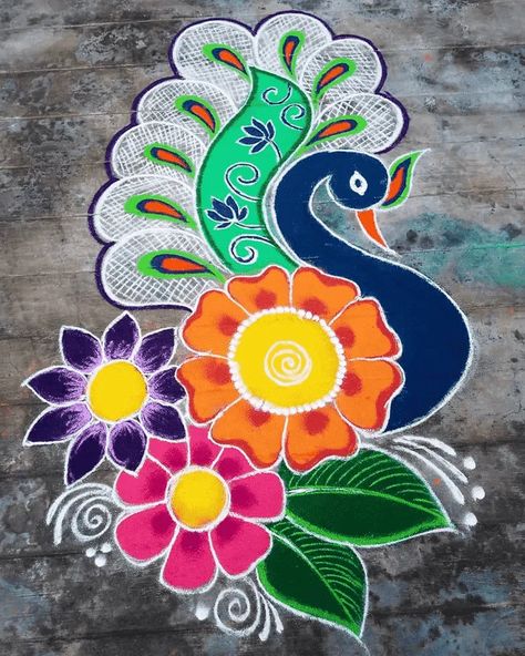 Rangoli Designs Kolam, Latest Rangoli Designs 2022, Beautiful Rangoli Designs Peacock, Nature Rangoli Design, Sathiya Design Rangoli, Cool Rangoli Designs, Rongali Design Simple, Dipawali Rangoli Design, Cartoon Rangoli Designs Easy