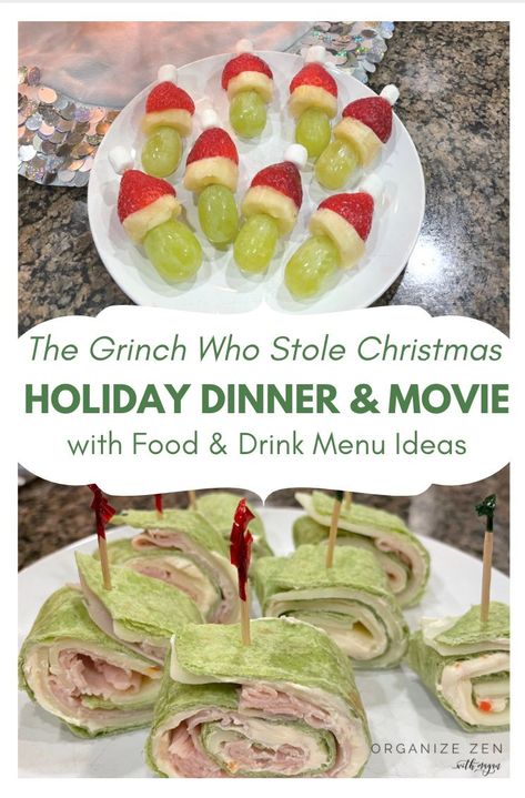 Happy Grinchmas! Here’s How to Plan a Holiday Themed Family Dinner and Movie Night with Creative Menu Ideas - The Grinch Who Stole Christmas. Make it the most festive Holiday Season with your kids by planning a Seuss Grinch movie family date night with fun food and drink ideas. #christmasbucketlist #grinch #seuss #dinnerandmovienight Grinch Date Night, Grinch Dinner Recipes, Cute Christmas Dinner Ideas, Essen, Grinch Themed Food Movie Nights, The Grinch Movie Party, Grinch Lunch Ideas For Kids, Grinch Foods For Kids, Grinch Themed Christmas Dinner