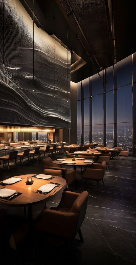 Mood Lighting Restaurant, Black Restaurant Interior, Luxury Restaurant Interior Fine Dining, Fancy Restaurant Exterior, Penthouse Restaurant, Restraunt Aesthetic, Dark Restaurant Aesthetic, Restaurant Mood Board, Fine Dining Restaurant Interior Design