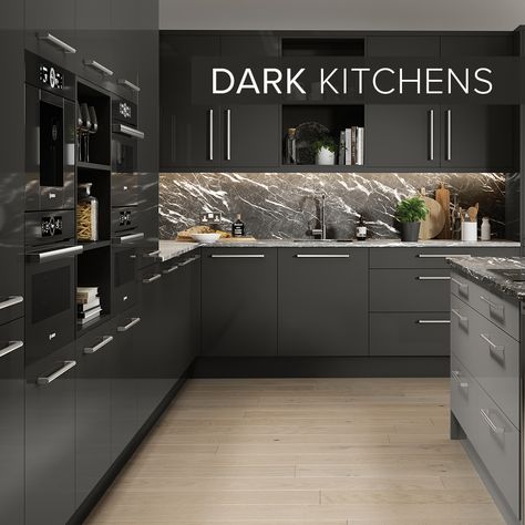 Graphite Kitchen, Grey Gloss Kitchen, Black And Grey Kitchen, Dark Kitchens, Replacement Kitchen Doors, High Gloss Kitchen, Grey Kitchen Designs, Dark Grey Kitchen, Gloss Kitchen