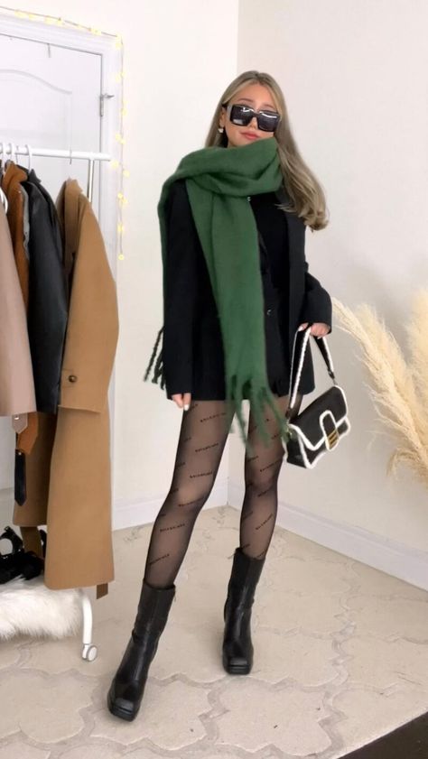 Blazer And Scarf Outfit Winter, Balenciaga Scarf Outfit, Scarf Over Blazer, Balenciaga Tights Outfit, Blazer Scarf Outfit, Green Scarf Outfit Winter, Green Boots Outfit Winter, Blazer And Scarf Outfit, Green Dress With Boots