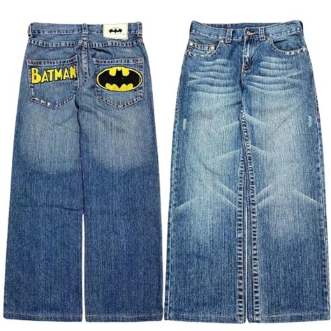 fashionshop Embroidered Baggy Jeans, Baggy Jeans With Design, Blue Baggy Jeans, Street Style Outfits Casual, Y2k Baggy Jeans, Silly Clothes, Batman Outfits, Fall Outfits Y2k, Clothes Streetwear