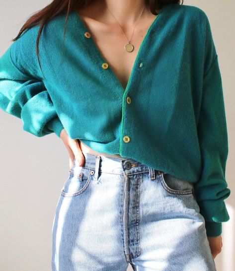 Turquoise Cardigan Outfit, Turquoise Cardigan, Cardigan Outfit, Cardigan Outfits, The Cutest, Denim Skirt, Mom Jeans, Cuff, Turquoise