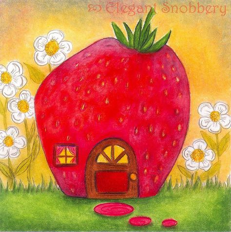 Little Strawberry House Strawberry House Illustration, Strawberry House Drawing, Strawberry Fairy House, Digital Drawing For Beginners, Strawberry House, Strawberry Painting, Kids Canvas Art, Strawberry Art, 6th Grade Art