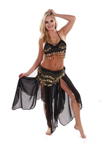 Belly Dancer Costume Set | Chiffon Skirt-Top  Hip Scarf | Passionate Persuasion (SMALL/MEDIUM, BLACK/GOLD) * Continue to the product at the image link. Arabian Nights Costume Woman, Genie Outfit Ideas, Arabian Costume Women, Genie Costume For Women, Arabian Belly Dancer Outfits, Arabian Nights Party Outfit Women, Belly Dancer Halloween Costume, Learning Dance, Belly Dancer Costume