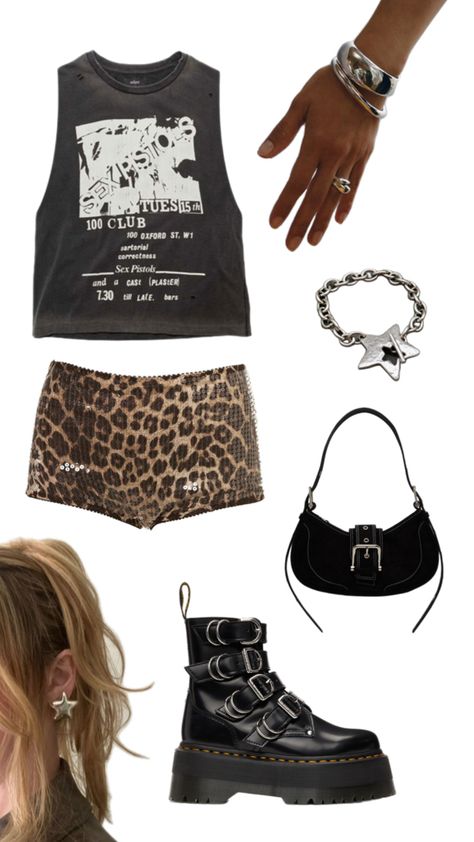 Black band tank top with sequenced brown cheetah shorts are accessorized with chunky silver bracelets and earrings. With the outfit, you have black Doc Marten boots with belt buckles, and a matching black purse. Rock And Roll Outfits 80's, Rock And Roll Aesthetic Outfit, Edgy Rock Outfits, Rock Concert Fashion, Grunge Chic Outfits, Metal Concert Outfit, Rock Festival Outfit, Rock Chic Outfits, Concert Outfit Rock