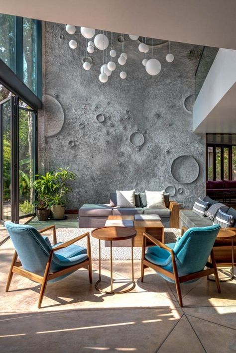 Fluid Lines Of The Moon House Seamlessly Merges With The Outdoor Landscape | SAV Architecture - The Architects Diary Moon House, Moon Cafe, Living Room Wall Designs, Double Height, House Details, Moon Decor, Interior Design Art, Natural Stone Tile, Cafe Design