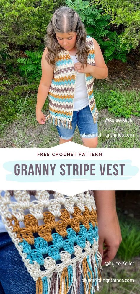 Crochet Granny Stripe Vest Crochet Fringe Vest Pattern Free, Granny Square Kids Vest, Crochet Granny Square Vest Pattern Free Easy, Granny Stripe Cardigan Pattern Free, Crochet Gilet Free Pattern, Crochet Vest Cardigan, Crochet Long Vest Pattern Free, Crochet Open Vest Free Pattern, Crochet Summer Vest Free Pattern