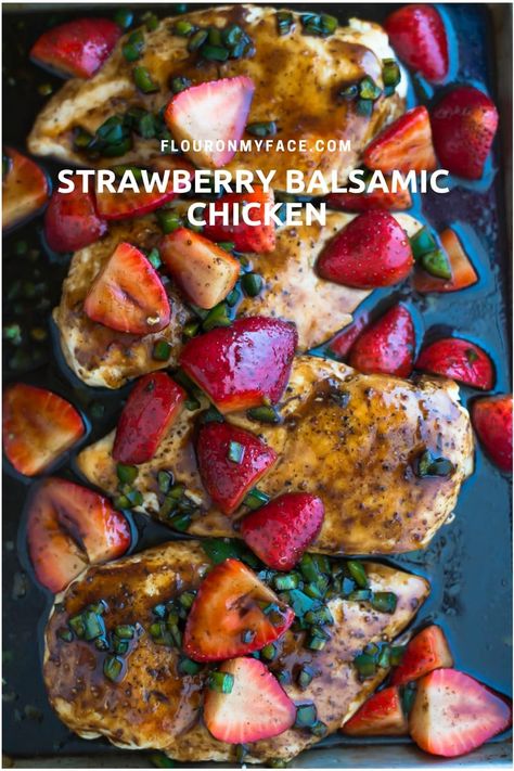 Strawberry Balsamic Chicken recipe served on a bed of Quinoa served with a Spinach, Strawberry and Avocado Salad with Balsamic Vinaigrette #chickenrecipe #balsimicrecipe #strawberries #flouronmyface Strawberry Chicken Recipes, Strawberry Balsamic Chicken, Balsamic Chicken Recipe, Strawberry Chicken, Salad With Balsamic Vinaigrette, Balsamic Chicken Recipes, Ic Recipes, Vinegar Chicken, Balsamic Vinegar Chicken