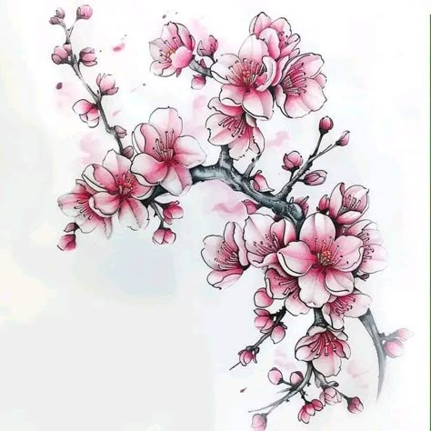 Cherry Blossom Tattoo Arm Half Sleeves, Cherry Blossom Tattoo Pink, Pink Blossom Tattoo, Cherry Blossom Tattoo Upper Arm, Cherry Blossom Hip Tattoo, Japan Flower Tattoo, Japanese Cherry Blossom Tattoo Design, Cherry Blossom Forearm Tattoo, Red Cherry Blossom Tattoo