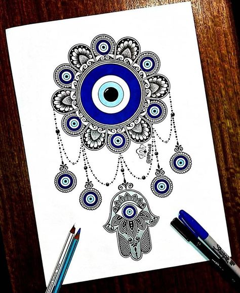 Hamsa Art, Mandala Book, Evil Eye Art, Easy Mandala Drawing, Bond Paper Design, Boho Art Drawings, Turkish Eye, Easy Love Drawings, Mandala Art Therapy