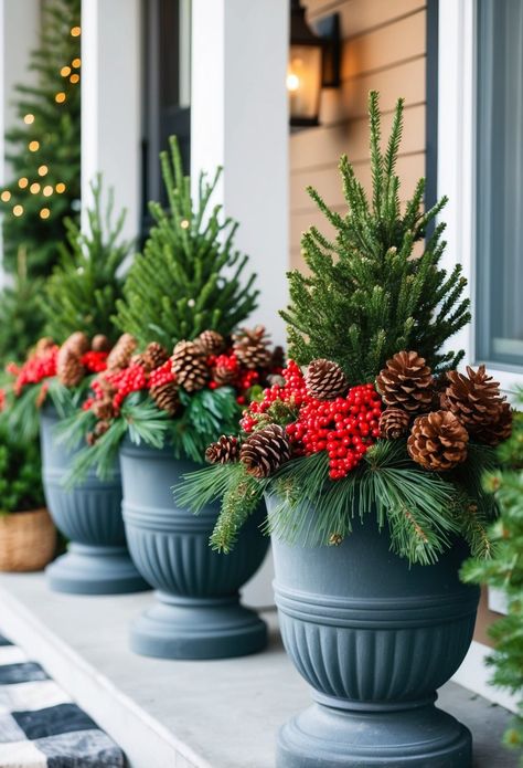 30 Ways To Cozy Up Your Porch With Winter Planters Spring Porch Pots Planters, Outdoor Christmas Planters Winter Porch Front Doors, Spring Container Ideas, Flower Pot Christmas Ideas, Christmas Outdoor Pots Planters, Outdoor Christmas Planters Winter Porch, Outdoor Christmas Pots, Winter Potted Plants, Front Porch Planter Ideas