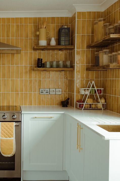 Yellow Tile Kitchen, Paneled Kitchen, Yellow Kitchen Tiles, Mustard Kitchen, Mustard Yellow Kitchens, Backsplash Kitchen Ideas, Yellow Kitchen Walls, Rectangular Tiles, Tiled Kitchen