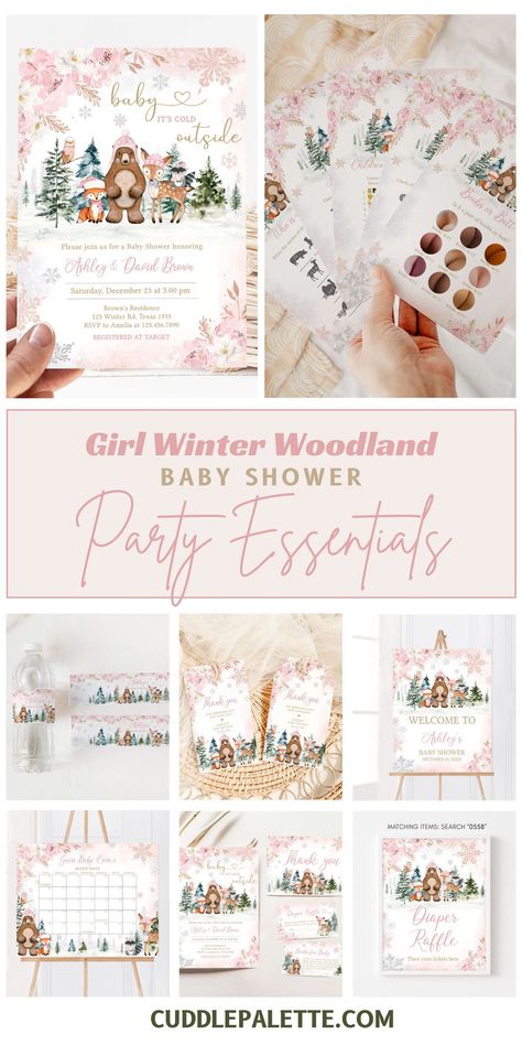 Indulge your guests in a winter wonderland with our Pink Winter Woodland Baby Shower Party Essentials. Look through our curated collection of baby shower invitations. party decorations. and games designed for a magical celebration. Click through and start planning! Baby Girl Shower Themes Winter, Woodland Girl Baby Shower Theme, Girl Baby Shower Ideas Winter, Woodland Theme Baby Shower Girl, Winter Baby Shower Ideas For A Girl, Woodland Baby Shower Theme Girl, Winter Woodland Baby Shower Ideas, Woodland Baby Shower Girl, January Baby Shower