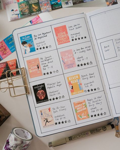 5 Easy Reading & Book Tracker Ideas for Your Journal — Erin Smith - Bullet Journal & Stationery Book Dot Journal, Book Journal Start Page, Journal Binder Ideas, Aesthetic Book Journal Ideas, Happy Planner Book Tracker, Journal Book Tracker Ideas, Reading Log Journal Ideas, Bujo Planner Ideas, Simple Reading Journal Ideas