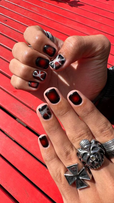 red aura chromed y2k inspo nails for men and women Guy Acrylic Nails, Nail Designs Men Black, Mens Nails Black, Rings Masc Women, Red And Black Nails Men, Nail For Men Ideas, Black Nail Designs For Men, Masc Women Nails, Men’s Black Nails