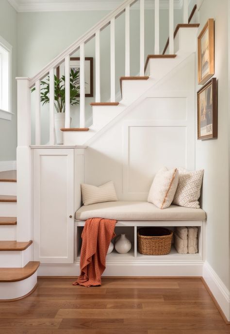 Staircase Storage Under Stairs Built In Bench By Stairs, Built In Bench Under Stairs, Staircase Seating, Under Stairs Seating, Bench Under Stairs, Storage Under Stairs Ideas, Staircase Storage Under Stairs, Stair Seating, Shoe Storage Under Stairs