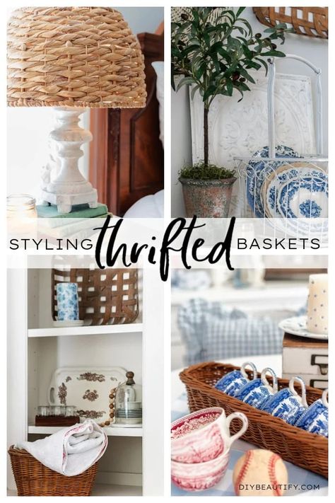 Baskets can be both functional and decorative accessories in a well styled home. Here are several ideas for using and styling baskets in your home. Find all the ideas at diybeautify.com! Centerpiece Basket Decor, Stair Basket Ideas, How To Style Baskets, Big Basket Ideas Decor, Longaberger Baskets Repurposing, Basket Makeover Diy, Basket Filler Ideas Decorative, Basket Vignettes, Large Basket Decor Ideas