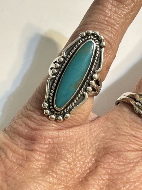 Vintage Bell Trading Post Sterling Silver Elongated Turquoise Ring Sz 5 3/4. Weighs 6.9g, 1 1/4"long x 1/2" wide Stone is 23mm x 6mm Trading Post, Vintage Bell, Funky Jewelry, Turquoise Rings, Green Bay, Rings Statement, Boho Style, Turquoise Ring, Statement Rings