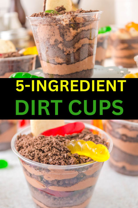 Looking for a fun and easy dessert that both kids and adults will love? Try making Dirt Cups! These adorable sweet treats are made by layering rich chocolate pudding with crushed Oreos and topping them off with gummy worms. Simple, delicious, and sure to be a hit! Cup Of Dirt Dessert, Dairy Free Dirt Cups, Dirt Cup Recipe, Mini Dirt Cups, Dirt Cups For Kids, Dirt And Worms Dessert, Dirt Cup, Halloween Dirt Cups, Mud Pie Cups Dirt Cake