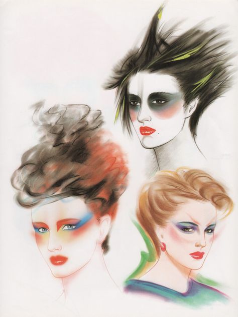 80s Editorial Makeup, Kojiro Kumagai, Eighties Fashion, 1870s Dress, 80s Poster, Makeup Illustration, Romantic Makeup, 1980s Art, 80s Makeup