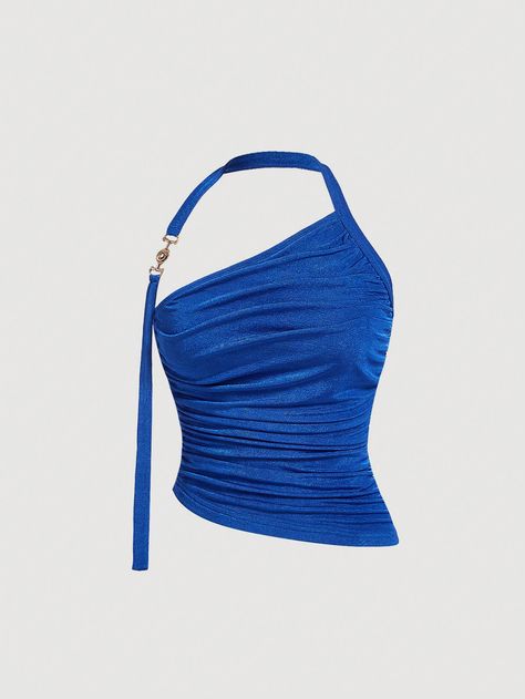 Women's Asymmetrical Neckline Pleated Tank Top Royal Blue Sexy   Knitted Fabric Plain Halter High Stretch  Women Clothing, size features are:Bust: ,Length: ,Sleeve Length: Blue Going Out Top, Royal Blue Clothes, Bright Blue Outfit, Royal Blue Tops, Cobalt Blue Top, Royal Blue Outfits, Purple Aesthetic Background, Royal Blue Top, Sewing Easy Diy