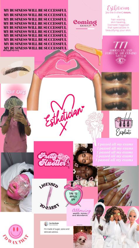 Future Esthetician Wallpaper, Esthetician Aesthetic Pink, Esthetician Goal Board, Esthetician Vision Board Collage, Pink Esthetician Aesthetic, Esthetician School Supplies, Esthetician Mood Board, Esthetician Branding, Esthetician State Board